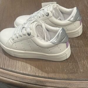 Crewcuts Classic White Lace-Up Sneakers w/ Purple Stripe